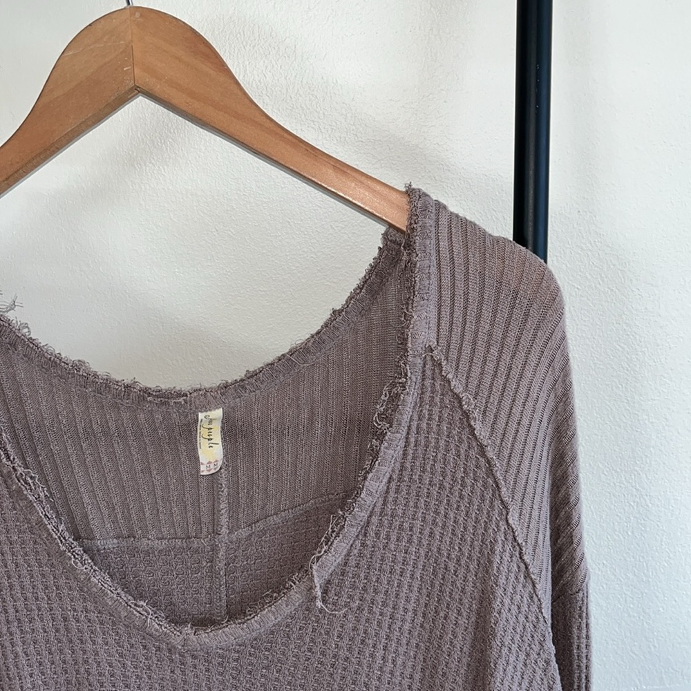 Free People Mauve Long Sleeve Relaxed Distressed Waffle Top